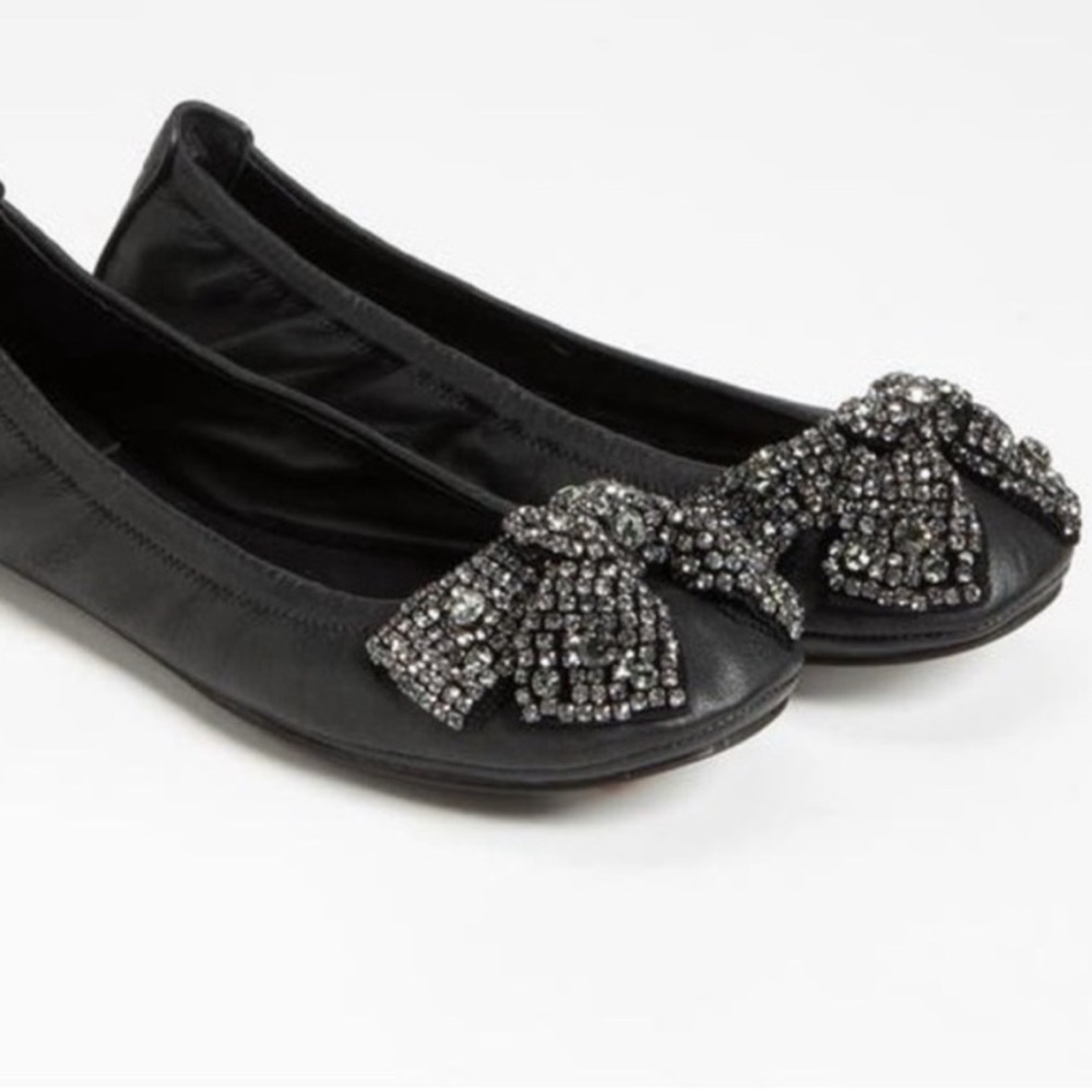Tory Burch Leather Eddie Crystal Bow Flats